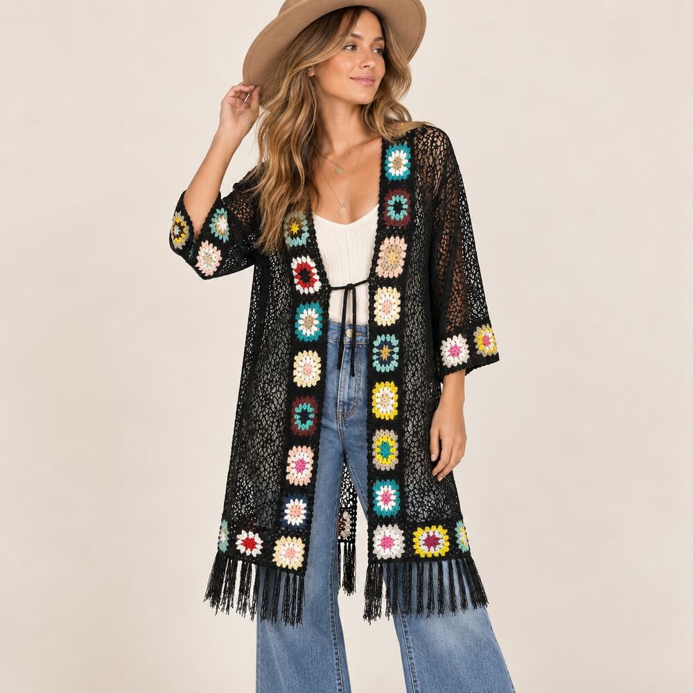 ASHA Womens Black Crochet Lace Fringe Boho Duster Kimono Festival Coverup